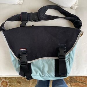 Black and Light Blue Canvas Messenger Bag